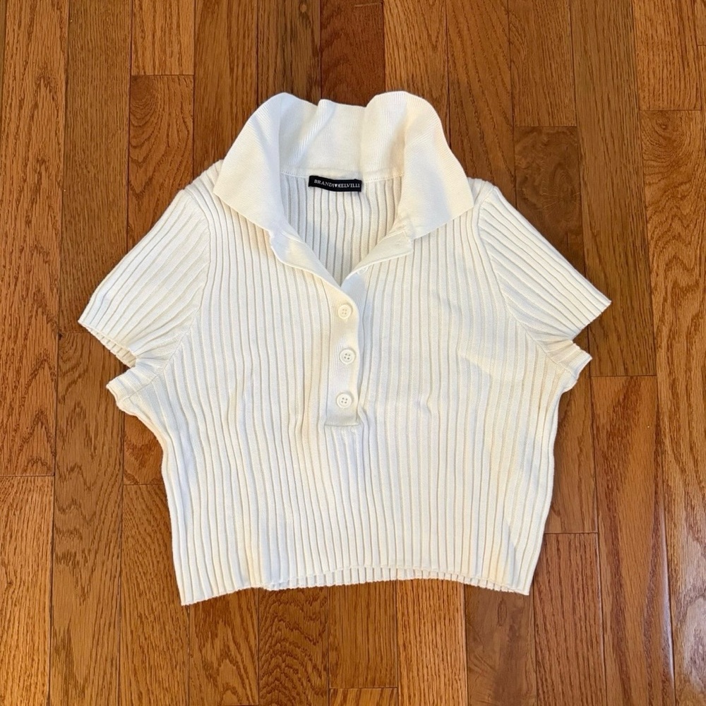 Brandy Melville Cream Ribbed Short Sleeve Polo Crop Top